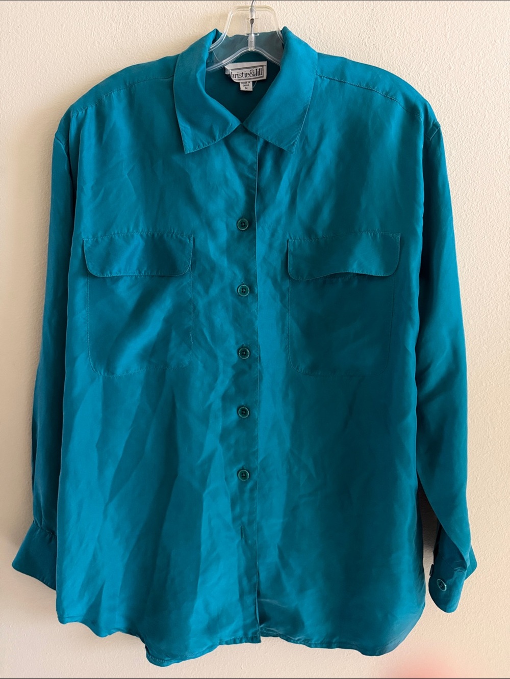 Vintage Christie & Jill 100% Silk Teal Button-Up Shirt -size M